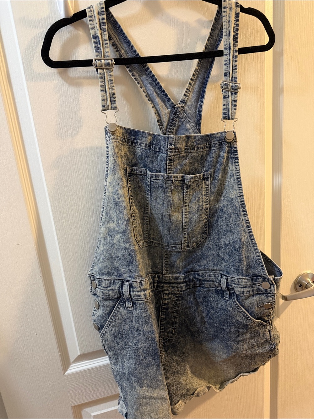 No Boundaries Acid-Wash Denim Short Overalls Romper - Light Blue
